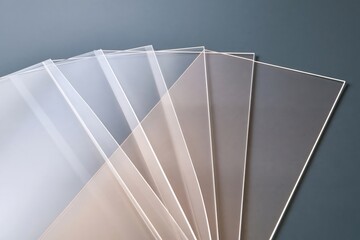 Obraz premium Fan of translucent acrylic sheets in soft gradient tones from white to gray against muted blue background, flat lay composition with clean edges and subtle shadows