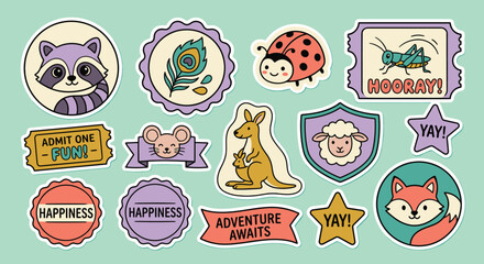 Fototapeta premium Cute Animal Sticker Set with Raccoon, Fox, Kangaroo, and Sheep Faces. Hand-Drawn Vector Illustration featuring Decorative Badges, Ticket Labels, and Playful Typography in Flat Pastel Colors.