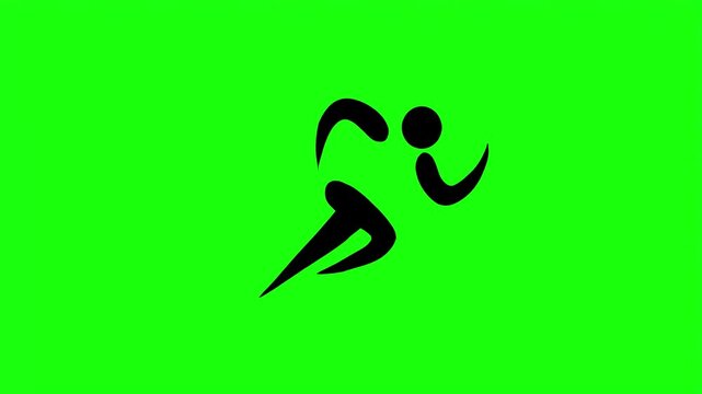 Black running person pictogram icon isolated on bright green screen background for video editing.