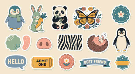 Fototapeta premium Cute vector sticker pack collection featuring hand-drawn baby penguin, rabbit with carrot, panda, butterfly, and hedgehog. Includes decorative badges, labels, and icons.