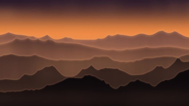 Hazy Mountain Peaks Sliding Past in a Reverse Side Pan, Layered Ridgeline Depth Planes, Seamless Loop in rich ember tones