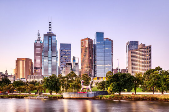 Melbourne Skyline at Twilight with City Lights Reflection in Yarra River