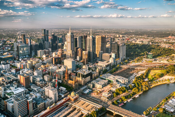 Aerial View of Melbourne CBD and Yarra River at Sunset © romanslavik.com