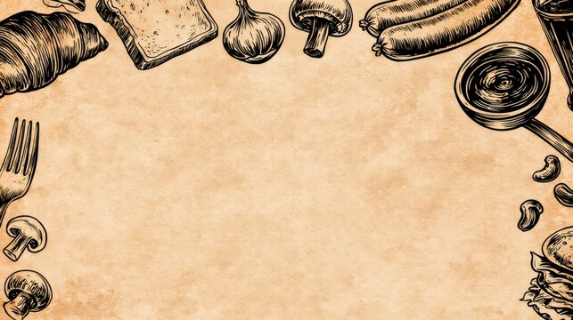 Vintage food ingredients drawing on old paper background