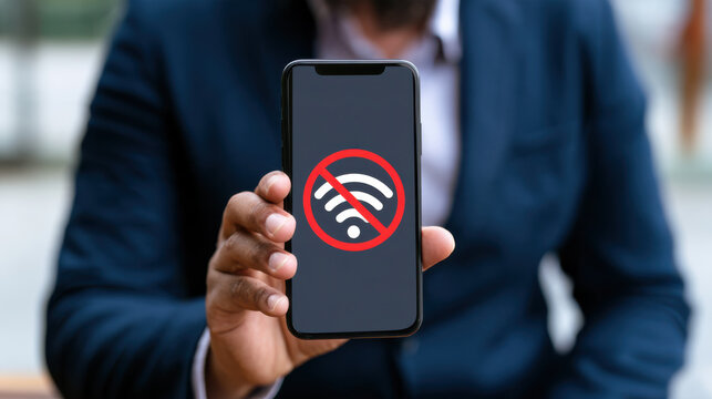 A man in a suit holds a smartphone displaying a no Wi-Fi symbol. The background is blurred, emphasizing the phone's screen.