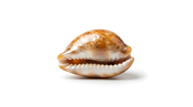 Small spotted cowrie seashell with smooth glossy texture for coastal decoration themes.