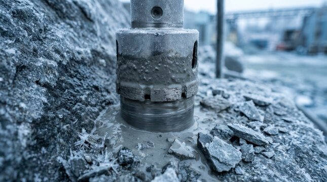 Diamond core drill bit cutting frost coated rock with wet slurry and ice crystals on steel casing at an icy mining extraction site
