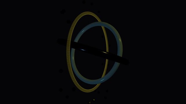 Abstract 3D Animation Featuring Interlocking Rotating Gold and Silver Rings with Fine Etched Details and Floating Particles on a Deep Black Background for Science Fiction or Mystic Concepts