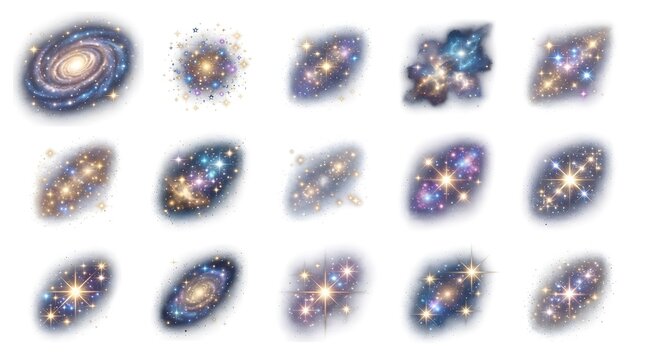 Cosmic galaxy collection with diverse spiral star clusters for space background design use.