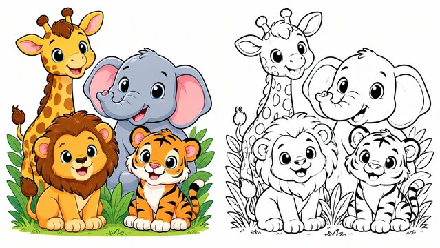 Cute cartoon safari animals and line art coloring page for children