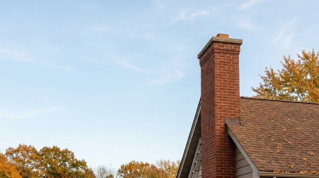 Red brick chimney on a house roof with autumn leaves. Exterior home inspection and maintenance concept. Copy space