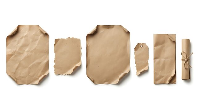 Set of blank kraft paper sheets tags and rolled scrolls for organic branding presentation.