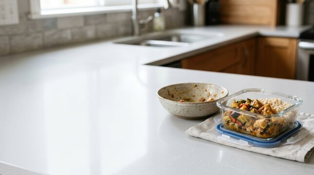 Glass storage container with leftover food on a kitchen counter next to an empty bowl. Next day lunch preparation. Copy space for text