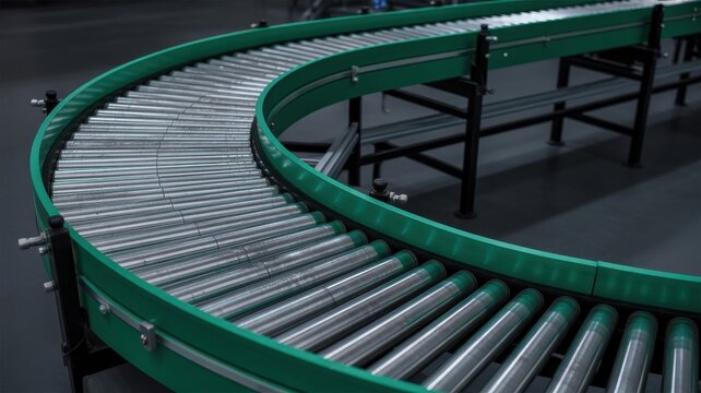 Curved industrial roller conveyor system in a modern warehouse or factory setting.