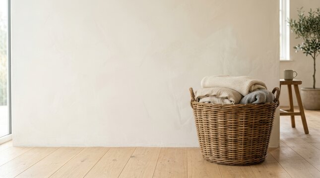 Woven wicker storage basket with folded blankets on hardwood floor in modern home. Minimalist interior with copy space on wall