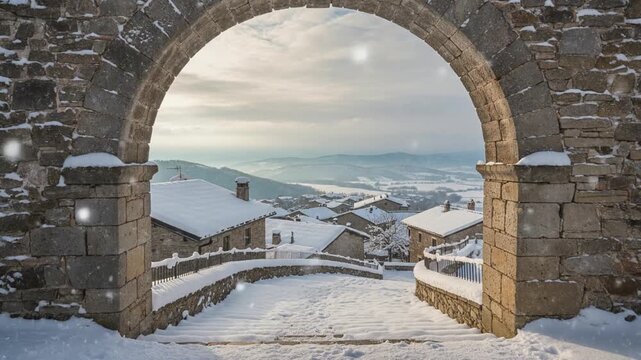 Ancient stone arch frames a snow-covered mountain village and winding road during gentle winter snowfall, creating a peaceful historic rural landscape.