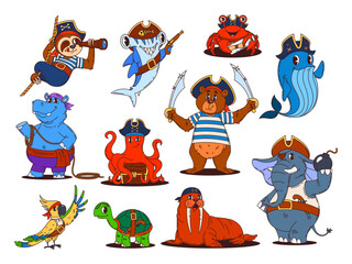 Fototapeta premium Cartoon funny animal pirate and corsair characters. Vector set of buccaneer sloth, shark, crab, whale, hippo, octopus, bear, elephant, parrot, turtle and walrus personages with tricorn hats and swords