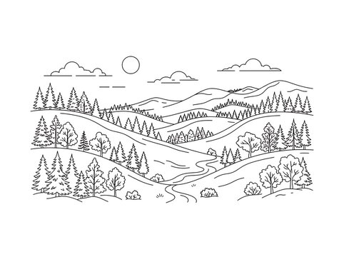 Stylized natural landscape with hills trees and sun line art