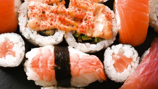 Assorted sushi platter slowly rotating to showcase colorful maki rolls, nigiri and fresh Japanese food arranged on a serving tray.