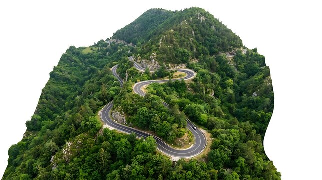 Aerial view of winding mountain road surrounded by green forest for travel navigation use.