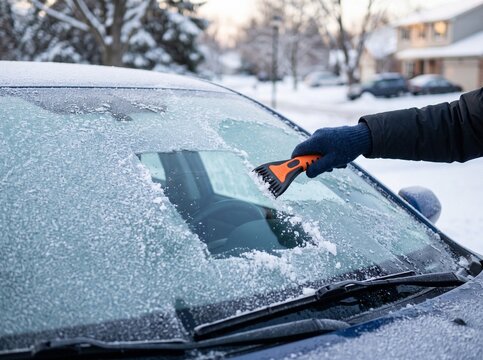 Close up of person in blue glove scraping thick ice and frost off car windshield with orange tool on winter morning