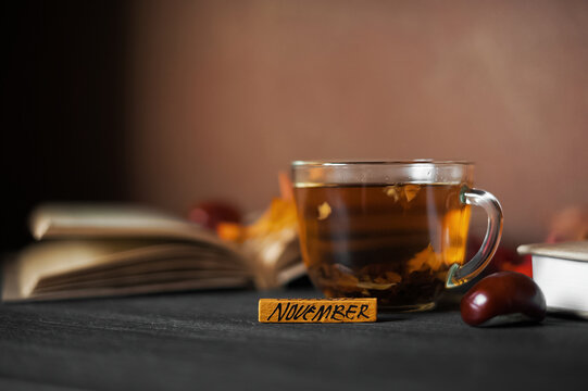 Cozy seasonal still life with hot tea, books and natural autumn decor