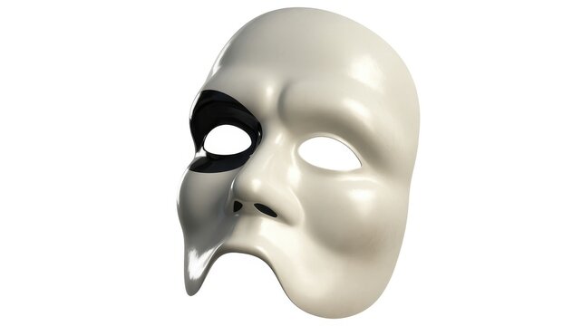 White theatrical mask with black eye patch isolated on white background.