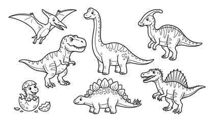 Cute cartoon dinosaurs vector line art coloring book page set with tyrannosaurus rex pterodactyl stegosaurus and brontosaurus ©  SULTANA