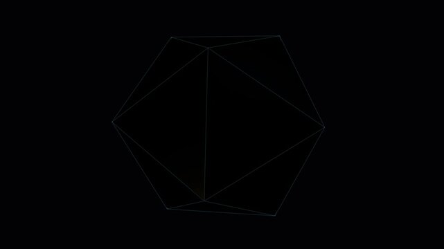 Abstract rotating 3D wireframe polyhedron with connecting nodes and glowing lines on a dark background, futuristic digital geometric shape for technology, data science and HUD interface design.