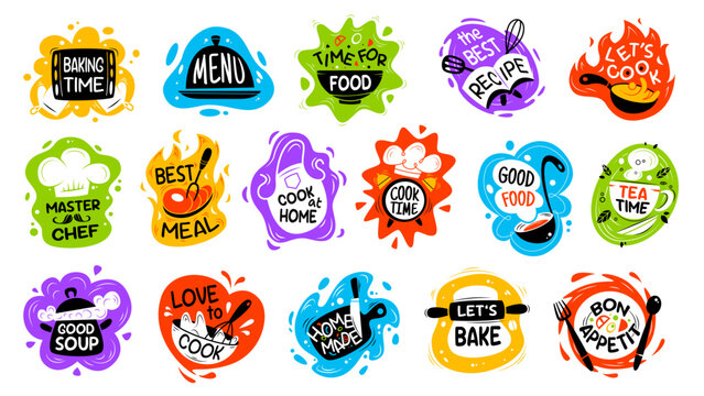 Kitchen cook icons of chef hat, cooking pot and pan. Restaurant and bakery symbols with cute kitchen tools, spoon and fork with plate, baker toque, mustache and apron, spatula and knife symbols set