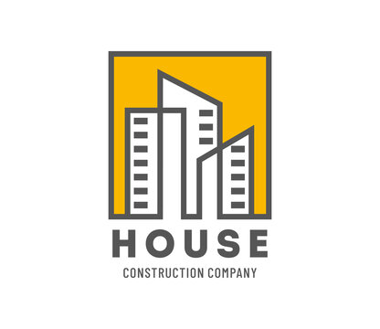 Building construction and real estate agency emblem featuring modern apartment building inside square frame. Bold gray and yellow icon for apartment residence emblems and architecture firms