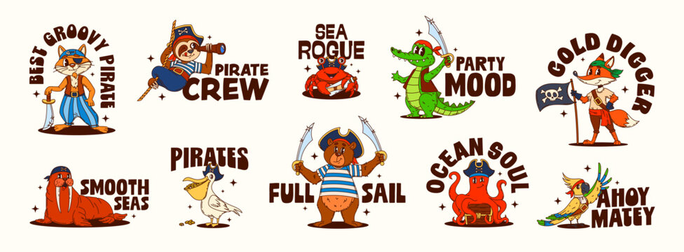 Cartoon Y2K groovy animal pirates and bird corsair stickers with funny characters. Pirate stickers with groovy zoo crew of bear captain, parrot skipper and funky monkey sailor with piracy quotes