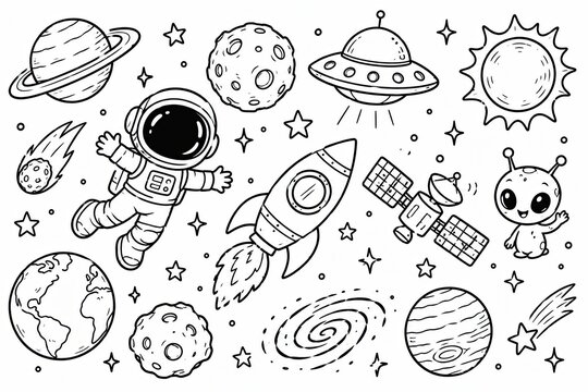 Hand drawn doodle set of space planets and rocket ship elements