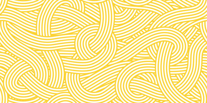 Oriental ramen noodles and Italian pasta seamless pattern with Asian spaghetti background. Noodles pattern Chinese or Japanese udon or vermicelli food background of yellow wave lines with wavy curves