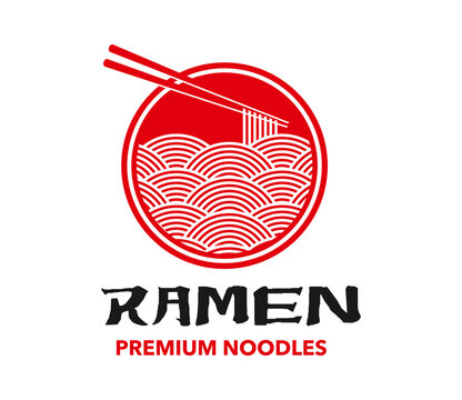 Asian ramen noodles emblem featuring bowl of noodles with chopsticks. Minimal red white food icon with bold text for ramen restaurants, noodle bars, takeout packaging and food trucks