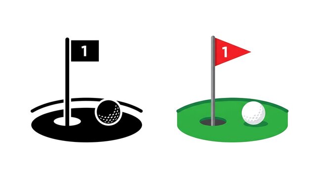Minimalist golf hole icons with a ball and flag on a putting green isolated on white
