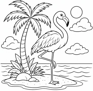 Cute flamingo standing under a palm tree in a tropical summer scene