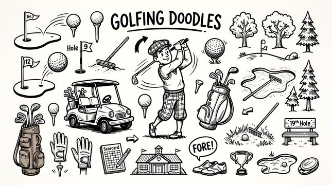 Hand drawn golf doodles collection featuring a golfer, golf cart, clubs and course elements on a white background