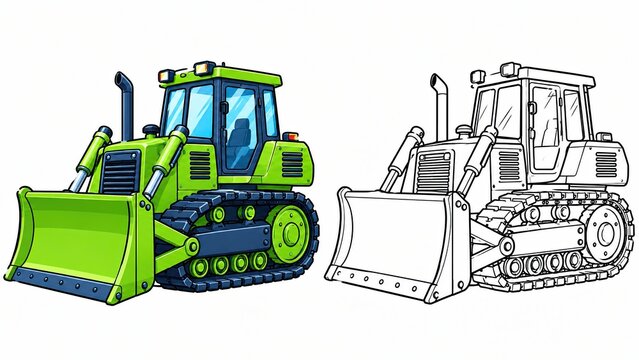 Green bulldozer construction vehicle with outline sketch