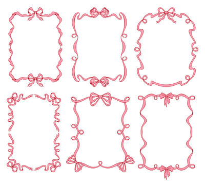 Pink and red coquette frames with wavy ribbons, valentine day and love decorations. Vintage decorative borders with delicate bows. Classic blank lace frames for messages or photos, romantic templates
