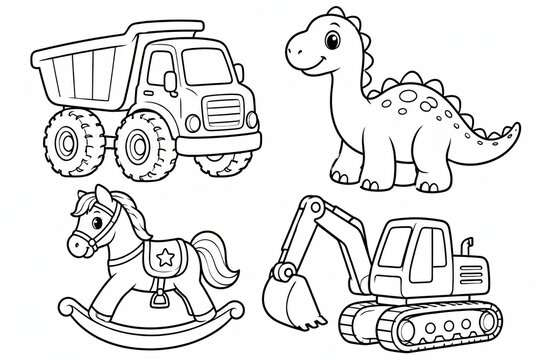 Set of cute hand drawn toys including a truck dinosaur rocking horse and excavator