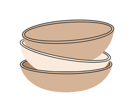 Cartoon nested serving bowls in soft natural colors. Modern kitchen container set for salads, soups, snacks, mixing and meal preparation. Beige bowls icon for culinary blogs and kitchen decor