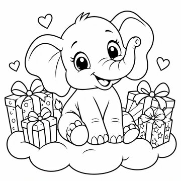 Cute baby elephant sitting with birthday gifts and hearts isolated on white background