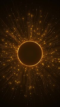 Flowing gold strands ring bright points pulse cinematic dark field. energy concepts, data networks, innovation, finance, celebration intros, premium advertising corporate presentations title sequences