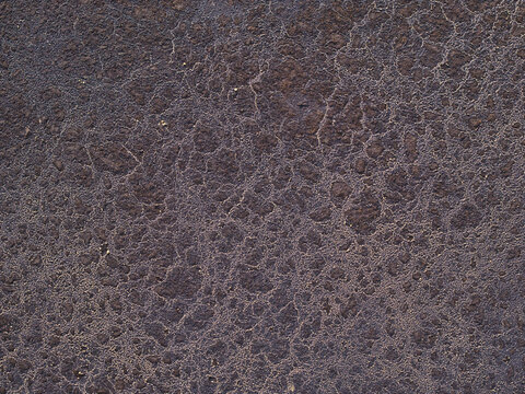 Aerial view of cracked asphalt surface with intricate patterns of fissures and weathered texture in Virpe, Ventspils novads, Latvia.