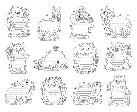 Kids memo notes set with funny cartoon animals and frames for message stickers. Cute animals as memo notes and adhesive sticky posts for daily agenda plan or to do list and task checklist or schedule