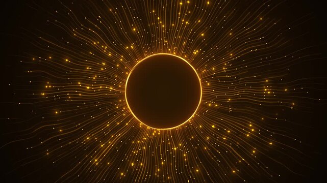 Gold particles rays radiate circular center, 19 halo. luxury branding, fintech, artificial intelligence, awards, business launches, product displays, logo reveals elegant motion backgrounds.