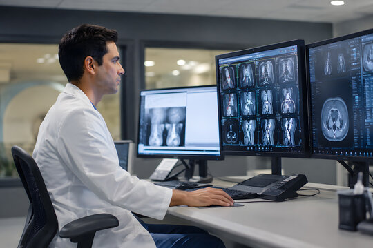 Young Radiologist Reviewing MR Angiography Vascular Images and Report at Hospital Imaging Workstation