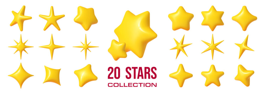 3d yellow stars and sparkles vector set. Gold sparkling twinkles, and starlets isolated set. Cute realistic glossy playful cartoon starry render elements for magic decorations, games, apps, nursery
