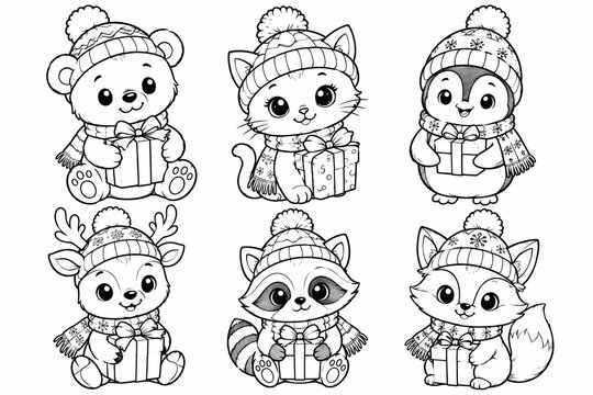 Cute cartoon animal characters set of little bears and foxes in a simple line art style